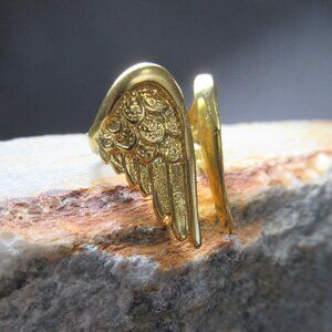 Golden Angel Wing Ring, Cast Brass Adjustable Ring